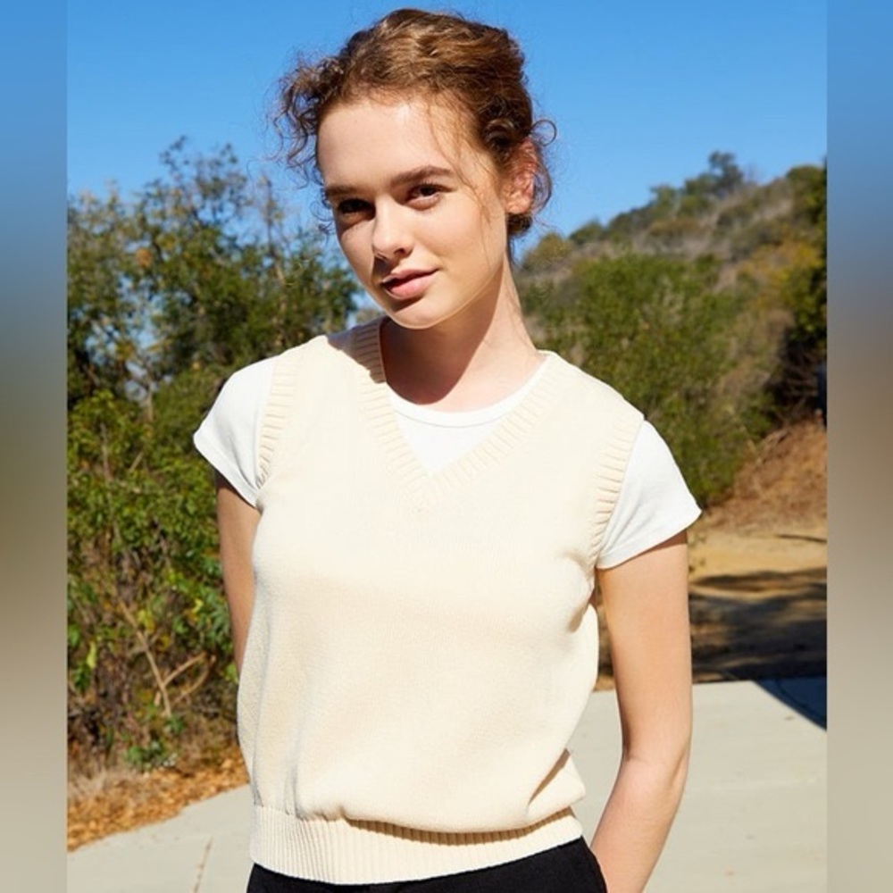 Brandy Melville Cream V-Neck Knit Sweater Vest